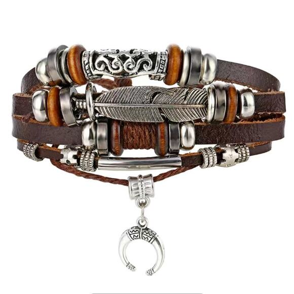 Moon Feather Multilayer Leather Bracelet Silver Tone Adjustable Punk Bohemian - Picture 1 of 5